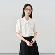 伯德小姐藍(lán)色襯衫女裝職業(yè)套裝正裝上衣面試職場(chǎng)西裝通勤長(zhǎng)袖雪紡襯衣CS14 白色短袖【雪紡】可拆卸飄帶 M -適合100-110斤可穿