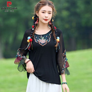 皮爾卡丹（pierre cardin）文藝復古民族風T恤重工刺繡夏季圓領喇叭袖網(wǎng)紗拼接打底衫氣質女 黑色 S