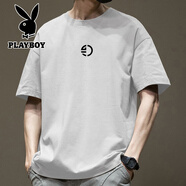 花花公子（PLAYBOY）國(guó)潮純棉短袖T恤男夏季寬松休閑體恤半袖圓領(lǐng)新款 白色純棉短袖-2643 M 建議110-130斤