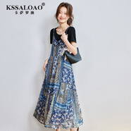 卡薩羅澳（KSSALOAO）高端品牌慵懶度假風(fēng)短袖連衣裙兩件套女2025夏季新款吊帶連衣裙女 海藍(lán)印花裙+T恤2件套 2XL