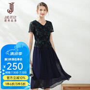 經(jīng)典故事（JANE STORY）經(jīng)典故事2025夏季新款V領(lǐng)拼按蕾絲裙修身通勤顯瘦短袖雪紡連衣裙 深藍(lán)色 M33 M