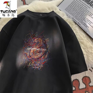 啄木鳥美式復(fù)古短袖T恤龍男女純棉夏季潮牌寬松體恤男裝半袖上衣服 黑色 XL