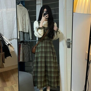 冉藝嵐同款復古拼接假兩件綠格紋毛呢連衣裙女學生春秋新款寬松收腰顯瘦 綠色 L 【關(guān)注店鋪送小禮物】