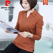 皮爾卡丹（pierre cardin）長(cháng)袖T恤女裝2025秋裝翻領(lǐng)上衣休閑打底衫襯衣媽媽裝加絨純色內搭 焦糖色T772v領(lǐng) 裝飾紐扣 下擺開(kāi) 4XL