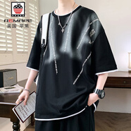 AEMAPE美式短袖t恤男2025新款夏季假兩件圓領(lǐng)半袖男潮牌落肩袖寬松T恤衫 25156黑色 L 170約110-125斤可穿