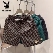 花花公子（PLAYBOY）歐洲站夏季新款潮牌印花短褲男士百搭潮流時(shí)尚中褲青年休閑沙灘褲 黑色 M 80-100斤