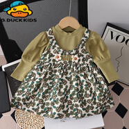 G.duck2025秋裝新品兒童裙子韓版女童花朵吊帶假兩件連衣裙女長(cháng)袖裙 JMW杜松子綠色 80 cm-M