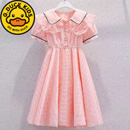 G.DUCKKIDS新品女童連衣裙夏款收腰洋氣公主裙3-12歲女孩蕾絲娃娃領(lǐng)薄款裙子 粉色 140 建議125-135cm7-8歲