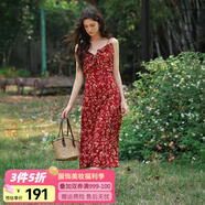 Olrain歐芮兒吊帶碎花連衣裙夏季女裝浪漫優(yōu)雅長裙子度假沙灘裙 紅色印花 S