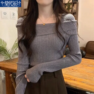 莫代爾一字肩針織衫女2025春秋季新款打底內(nèi)搭設(shè)計感小眾高級感百搭上衣 灰色 M 【建議90-100斤】