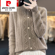 皮爾卡丹（pierre cardin）100純羊毛開(kāi)衫女秋冬加厚寬松大碼短款減齡針織衫羊毛絨毛衣外套 原絨駝 S 建議拍85-100斤