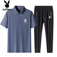 花花公子商務(wù)休閑冰絲短袖t恤男裝夏季薄款中青年polo領(lǐng)體恤衫上衣 灰藍(lán)+長褲 L 碼建議100-125斤