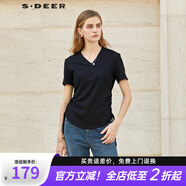 S.DEER圣迪奧女裝V領(lǐng)斜襟抽繩拼接短袖T恤S23280120 黑色/91 S 160