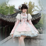 唐努烏【竹杳】新中式旗袍可拆袖lolita少女漢服OP連衣裙中華風洛麗塔 桃白白全套【帶披肩】 L