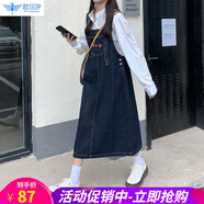 歐貝汐牛仔背帶連衣裙女春夏季新款可愛韓版學生小個子寬松裙子夏天 藍灰 M