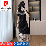皮爾卡丹（pierre cardin）法式碎花露肩連衣裙女收腰顯瘦設(shè)計(jì)感時(shí)尚拼接褶皺A字裙 黑色 L 【110-120斤】