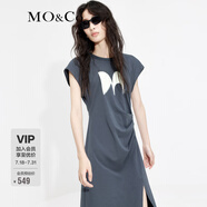 MO&Co.印花小飛袖高腰捏褶不規(guī)則開叉小眾氣質連衣裙女摩安珂 鋼灰色-第2批 M 165