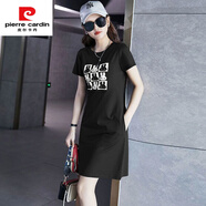 皮爾卡丹（pierre cardin）歐美休閑連衣裙女2025新款夏季印花遮肚子有口袋顯瘦小個(gè)子t恤裙 黑色 XL 120-130斤
