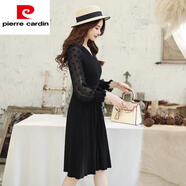 皮爾卡丹（pierre cardin）連衣裙女秋冬新品韓版V領(lǐng)雪紡長(zhǎng)袖針織拼接系帶顯瘦中長(zhǎng)款a字裙子 黑色 S 建議95以下
