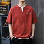 JEEP SPIRIT2025夏季新款紅色高級感短袖t恤男假兩件半袖V領(lǐng)體恤寬松純棉上衣 9103酒紅色 L