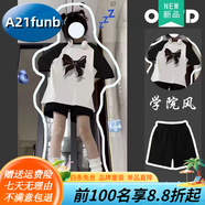 A 21 FUNB新款兩件套女童夏季套裝洋氣時尚純棉T恤上衣休閑寬松五分短褲 蝴蝶黑拼白短·袖+五分短褲 130 cm 建議40-50斤