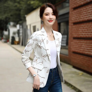 源夫人印花長(cháng)袖西裝外套女2025春秋新款韓版氣質(zhì)修身一?？鄱炭钚∥鞣?白色 M