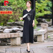 皮爾卡丹（pierre cardin）高檔大碼針織連衣裙女春秋季新中式旗袍裙女過(guò)膝中長(cháng)款打底毛衣裙 黑色 6XL