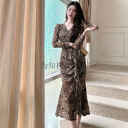 為知樹(shù)2025春季新款長(cháng)袖性感女神收腰女人味連衣裙豹紋設計女神v領(lǐng)裙子 增豹紋+ S 建議80-95斤