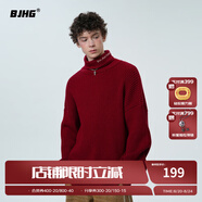 BJHG不計后果秋冬基礎款條紋高領(lǐng)毛衣男潮美式情侶寬松中性風(fēng)針織衫女 酒紅色 L