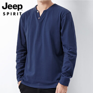 JEEP SPIRIT吉普2025新款V領扣子男士長袖T恤純棉秋衣打底衫純色體白上衣服 長袖/扣子藏青色 M