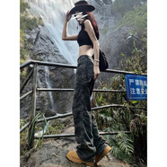 麓格立 美式迷彩工裝褲牛仔褲女生辣妹春夏季寬松梨形身材闊腿牛仔褲子 迷彩工裝褲女 L 【建議105-115斤】