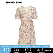 紅袖2024夏季新款女裝 花卉印花荷葉邊系帶短袖V領(lǐng)茶歇連衣裙 粉桔花660 M
