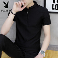 花花公子（PLAYBOY）男士短袖t恤夏季新款韓版潮流純棉潮牌高端半袖男裝polo衫上衣服 黑色 T19 M