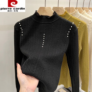 皮爾卡丹（pierre cardin）半高領(lǐng)毛衣女2025秋冬季新款針織衫蕾絲花邊上衣麻花釘珠內搭打底 黑色 有釘珠 厚款 2XL 建議130-145斤
