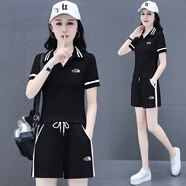 袋鼠（DAISHU）明星同款夏季女士運動服套裝純棉短袖短褲休閑時尚兩件套爆款洋氣 黑色短褲套裝 L(建議100斤-115斤)