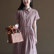 康曼朵收腰連衣裙女夏季女大學(xué)生森系復(fù)古文藝格子裙系帶日系中長款 紅格 M