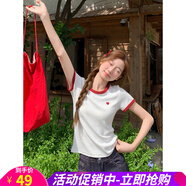 歐貝汐撞色圓領(lǐng)刺繡短袖T恤女2025夏季新款修身減齡正肩短款上衣 白色 M