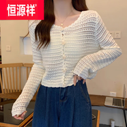 恒源祥2025春夏新款鏤空針織開衫女長袖外搭網(wǎng)織小罩衫毛衣外套短款上衣 米白色 S