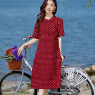 棉麻洋裝女夏季2025新款寬松遮肚減齡媽媽高端亞麻波點(diǎn)裙子 紅色 M