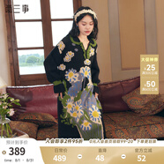 兩三事黑色針織連衣裙女 2024秋冬季v領(lǐng)長款油畫毛衣裙子紛繁之間 黑色（提花） S