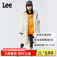 Lee大毛領(lǐng)連帽厚款保暖防風(fēng)羽絨服兒童冬季保暖中長(zhǎng)款潮男童女童外套 卡其色 150
