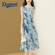 Dudant奢侈高檔品牌無(wú)袖印花雪紡連衣裙女夏2024新款氣質(zhì)背心裙收腰長(cháng)裙 藍色 2XL