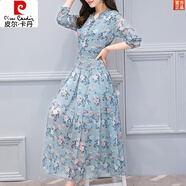 皮爾卡丹（pierre cardin）藍色雪紡碎花長(cháng)袖連衣裙2025新款女早春秋款高檔品牌媽媽秋季裙子 藍色 M 104斤以下