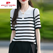 皮爾卡丹（PIERRE CARDIN）2025夏季新款翻領(lǐng)條紋針織衫女氣質(zhì)百搭減齡顯瘦款短袖T恤上衣 白色 M 90-100