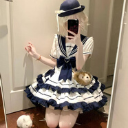 閃動(dòng)少女（SHANDONGSHAONV）可愛(ài)夏日海軍風(fēng)紺色水藍色青春元氣少女JK蛋糕裙洋裝連衣裙 連衣裙送蝴蝶結 S