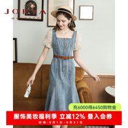 卓雅周末（JORYA weekend）2024夏季新款法式方領蕾絲拼接泡泡袖牛仔連衣裙EJWDBM7 藍色 L