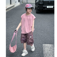 愛(ài) 西娜男孩夏款潮酷兩件套2025新款套裝男童夏季扎染字母背心工裝褲夏裝 粉色套裝 120