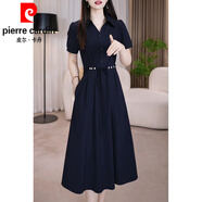 皮爾卡丹（pierre cardin）氣質(zhì)領(lǐng)短袖連衣裙女2025年夏季新款流行媽l媽純色收腰顯瘦裙子 藏藍色 XL 建議111-120斤