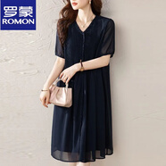 羅蒙（ROMON）胖mm寬松遮肉氣質(zhì)百褶連衣裙大碼女裝夏季中長(cháng)款時(shí)尚過(guò)膝雪紡裙子 藍色 【關(guān)注店鋪 優(yōu)先發(fā)貨】 S 建議80-90斤