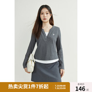 獨束大碼女裝時髦假兩件百搭T恤女春裝新款V領(lǐng)顯瘦慵懶感長袖小上衣 芝麻灰 XL (尺碼：3)
